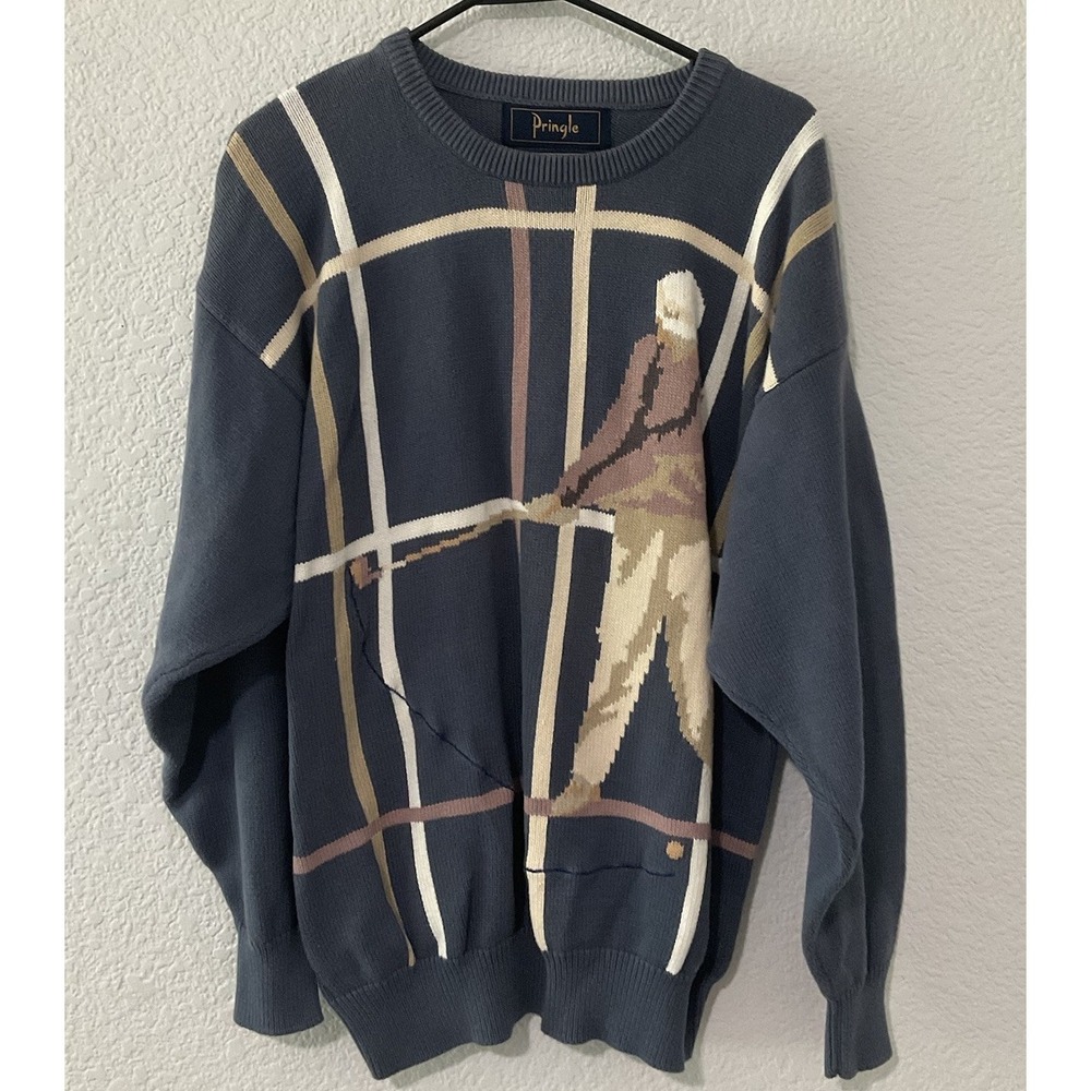 Pringle Size L Vintage Golf Sweater With Large Golfer With Brown And Tan Lines